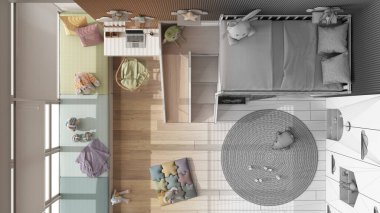 Mimar iç mimar konsepti: elle çizilmiş tamamlanmamış proje, ranzalı yatak odası, parke, masa ve sandalye, gardırop ve halı. Üst görünüm, plan, yukarıda