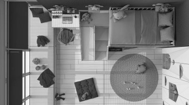 Tamamlanmamış proje taslağı, ranzalı, parke, kanepeli pencere, sandalyeli masa, gardırop, halı ve oyuncaklı modern ahşap çocuk odası. Üst görünüm, plan, yukarıda, iç tasarım
