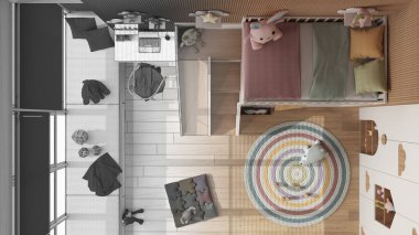 Mimar iç mimar konsepti: elle çizilmiş tamamlanmamış proje, ranzalı yatak odası, parke, masa ve sandalye, gardırop ve halı. Üst görünüm, plan, yukarıda