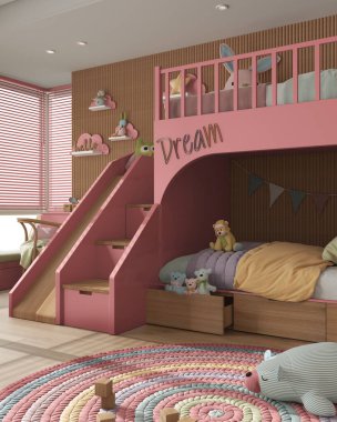 Cozy wooden children bedroom with bunk bed in red and pastel tones, duvet and pillows, window with venetian blinds, sofa, desk with chair, carpet, toys and decors. Interior design