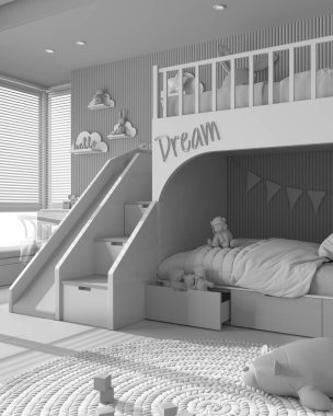 Tamamen beyaz proje taslağı, ranzalı, yorgan ve yastıklı rahat ahşap çocuk odası, Venedik panjurlu pencere, kanepe, sandalyeli masa, halı, oyuncaklar ve dekorlu. İç tasarım