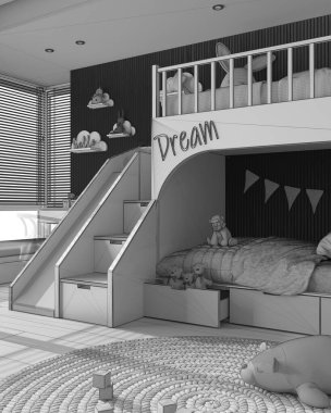 Tamamlanmamış proje taslağı, ranzalı, yorgan ve yastıklı rahat ahşap çocuk odası, Venedik panjurlu pencere, kanepe, sandalyeli masa, halı, oyuncaklar ve dekorlu. İç tasarım