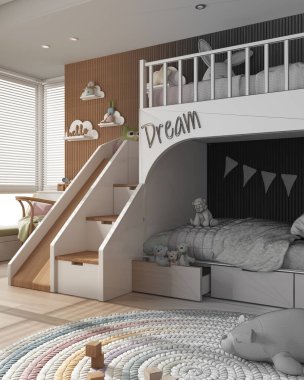 Mimari iç mimar konsepti: elle çizilmiş tamamlanmamış proje, ranzalı yatak odası, yorgan ve yastıklı çocuk odası, pencere, kanepe, halı, oyuncaklar ve dekorlar