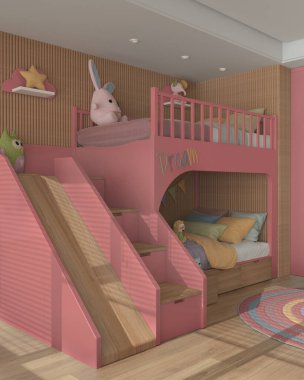 Modern ahşap çocuk yatak odası kırmızı ve pastel tonlarda, merdiven ve kaydırak ile ranza, yastıklar ve yorgan, parke döşeme, oyuncak ve dekorlu yuvarlak halı. İç tasarım kavramı