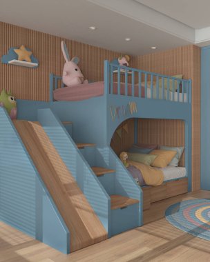 Modern ahşap çocuk yatak odası mavi ve pastel tonlarda, merdiven ve kaydırak ile ranza, yastıklar ve yorgan, parke döşeme, oyuncak ve dekorlu yuvarlak halı. İç tasarım kavramı