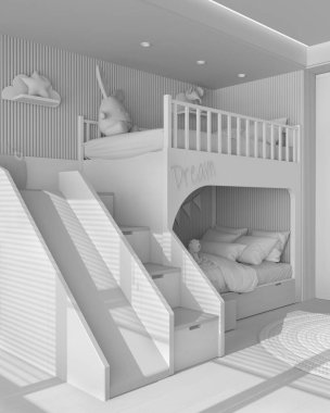 Tamamen beyaz proje taslak, modern ahşap çocuk odası merdivenli ve kaydıraklı ranza, yastıklar ve yorganlar, parke döşeme, oyuncak ve dekorlu yuvarlak halı. İç tasarım kavramı