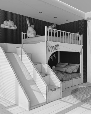 Tamamlanmamış proje taslağı, modern ahşap çocuk odası merdiveni ve kaydırağıyla ranza, yastıklar ve yorgan, parke döşeme, oyuncak ve dekorlu yuvarlak halı. İç tasarım kavramı