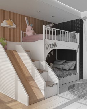 Mimari iç mimar konsepti: tamamlanmamış el yapımı taslak proje, çocuk odası, ranza, parke döşeme, oyuncak ve dekorlu yuvarlak halı