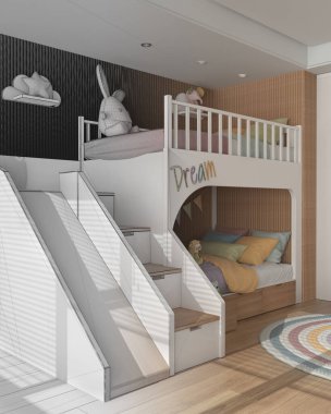 Mimari iç mimar konsepti: tamamlanmamış el yapımı taslak proje, çocuk odası, ranza, parke döşeme, oyuncak ve dekorlu yuvarlak halı