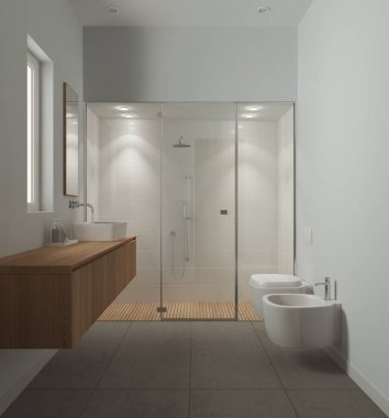 Minimalist banyo beyaz ve ahşap tonlarda, beton fayanslar zeminde, fayanslarla ve spot ışıklarıyla büyük bir duş, aynalı lavabo, seramik tuvalet ve bide. Modern iç tasarım