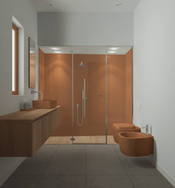 Minimalist banyo turuncu ve ahşap tonlarda, beton fayanslar zeminde, fayanslarla ve spot ışıklarıyla büyük bir duş, aynalı lavabo, seramik tuvalet ve bide. Modern iç tasarım