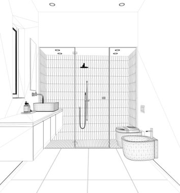 Taslak taslak taslak, minimalist banyo, beton döşemeler, fayanslar ve spot ışıklarıyla büyük bir duş, aynalı lavabo, seramik tuvalet ve bide. Modern iç tasarım