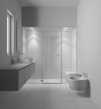 Tamamen beyaz proje taslağı, minimalist banyo, beton döşemeler, fayanslarla ve spot ışıklarıyla büyük bir duş, aynalı lavabo, seramik tuvalet ve bide. Modern iç tasarım