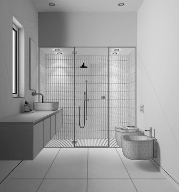 Tamamlanmamış proje taslağı, minimalist banyo, beton döşemeler, fayanslar ve spot ışıklarıyla büyük bir duş, aynalı lavabo, seramik tuvalet ve bide. Modern iç tasarım