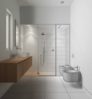 Architect interior designer concept: hand-drawn draft unfinished project that becomes real, bathroom, shower with tiles and spotlight, washbasin with mirror, toilet and bidet