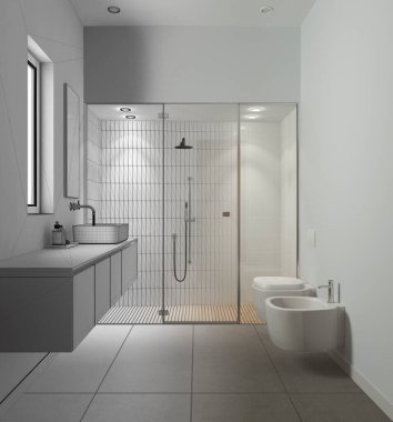 Mimari iç mimar konsepti: bitirilmemiş el yapımı taslak proje gerçek oluyor, banyo, fayanslar ve spot ışığı ile duş, ayna, tuvalet ve bidet dolu lavabo