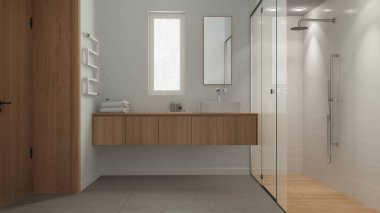 Minimalist banyo beyaz ve ahşap tonlarda, beton fayanslar zeminde, fayanslarla ve spot ışıklarıyla büyük bir duş, ayna ve aksesuarlarla dolu bir leğen, havlu askısı. Modern iç tasarım
