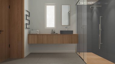 Gri ve ahşap tonlarda minimalist banyo, beton döşemeler, fayanslar ve spot ışıklarıyla büyük duş, ayna ve aksesuarlı lavabo, havlu askılığı. Modern iç tasarım