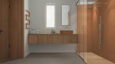 Minimalist banyo turuncu ve ahşap tonlarda, beton fayanslar zeminde, fayanslarla ve spot ışıklarıyla büyük bir duş, ayna ve aksesuarlarla dolu bir leğen, havlu askısı. Modern iç tasarım