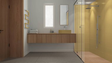 Minimalist banyo sarı ve ahşap tonlarda, beton fayanslar zeminde, fayanslarla ve spot ışıklarıyla büyük bir duş ayna ve aksesuarlarla dolu bir leğen, havlu askısı. Modern iç tasarım