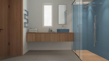 Mavili ve ahşap tonlu minimalist banyo, beton döşemeler fayanslar ve spot ışıkları olan büyük duş ayna ve aksesuarlı lavabo, havlu askılığı. Modern iç tasarım