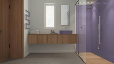 Mor ve ahşap tonlarda minimalist banyo, beton döşemeler, fayanslar ve spot ışıklarıyla büyük duş, ayna ve aksesuar dolu lavabo, havlu askılığı. Modern iç tasarım
