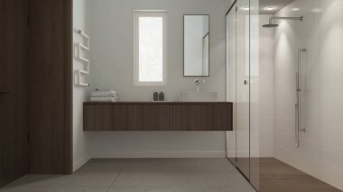 Minimalist bathroom in dark and wooden tones, concrete tiles floor, large shower with tiles and spotlight, washbasin with mirror and accessories, towel rack. Modern interior design