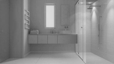 Tamamen beyaz proje taslağı, minimalist banyo, beton döşemeler, fayanslı ve spot ışıklı büyük duş, ayna ve aksesuarlı lavabo, havlu askılığı. Modern iç tasarım