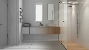 Architect interior designer concept: hand-drawn draft unfinished project that becomes real, bathroom in wooden tones, shower with tiles, washbasin, mirror and accessories, towel rack