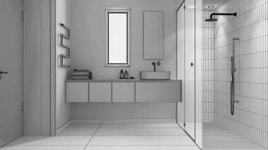 Tamamlanmamış proje taslağı, minimalist banyo, beton döşemeler fayanslar ve spot ışıklarıyla büyük bir duş ayna ve aksesuar dolu bir leğen, havlu askısı. Modern iç tasarım