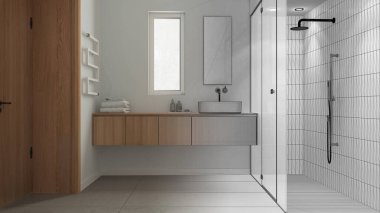 Architect interior designer concept: hand-drawn draft unfinished project that becomes real, bathroom in wooden tones, shower with tiles, washbasin, mirror and accessories, towel rack