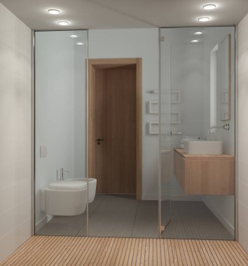 Minimalist banyo, beyaz ve ahşap tonlarda, büyük duşun içinden manzara, fayanslar ve spot ışıkları, aynalı lavabo, seramik tuvalet ve bide. Modern iç tasarım