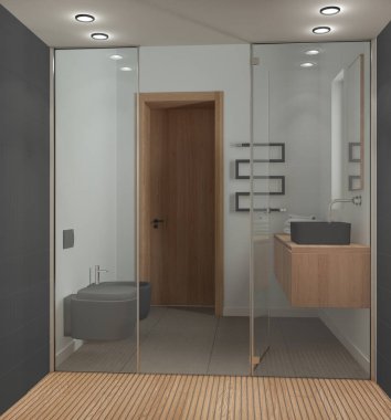 Gri ve ahşap tonlarda minimalist bir banyo, fayanslı ve spot lambalı büyük duşun içinden manzara, aynalı lavabo, seramik tuvalet ve taharet musluğu. Modern iç tasarım