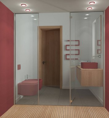 Minimalist banyo, kırmızı ve ahşap tonlarda, büyük duşun içinden manzara, fayanslar ve spot ışıkları, aynalı lavabo, seramik tuvalet ve bide. Modern iç tasarım