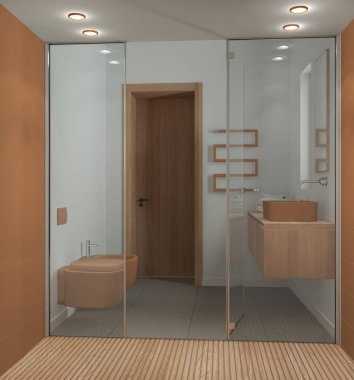 Minimalist banyo turuncu ve ahşap tonlarda, büyük duşun içinden manzaralı fayanslar ve spot ışıkları aynalı lavabo, seramik tuvalet ve bide. Modern iç tasarım