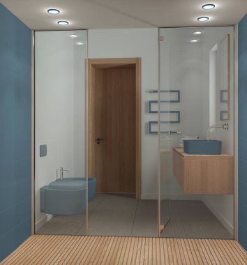 Mavili ve ahşap renkte minimalist bir banyo, fayansların ve spot ışıklarının olduğu büyük duşun içinden manzara, aynalı lavabo, seramik tuvalet ve taharet musluğu. Modern iç tasarım
