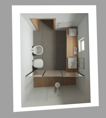 Minimalist banyo beyaz ve ahşap tonlarda, beton döşemeler, büyük duş, aynalı lavabo, seramik tuvalet ve bide. Manzara, plan, yukarısı. Modern iç tasarım