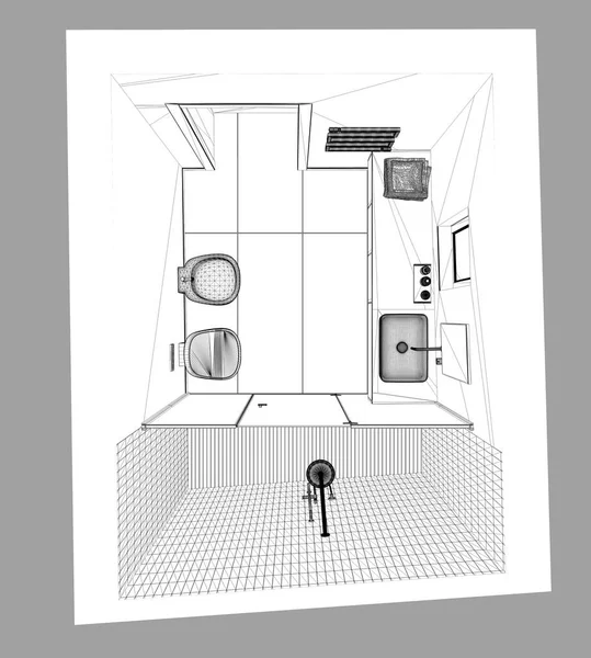 Blueprint Projektskizze Minimalistisches Badezimmer Betonfliesenboden Große Dusche Waschbecken Mit Spiegel — Stockfoto