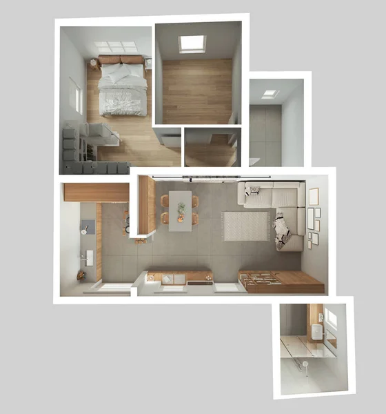 Modern Apartment White Wooden Beige Tones Top View Plan Living — Photo