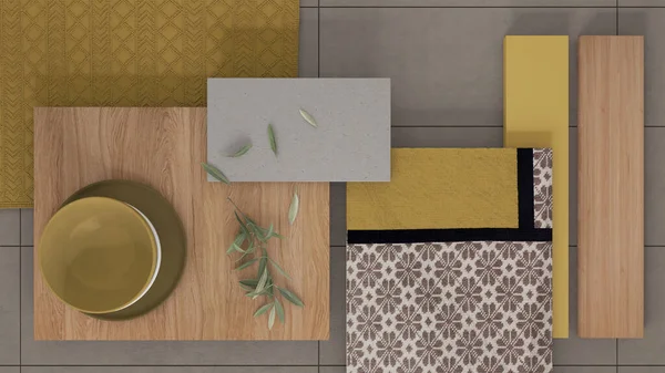 Texture Fabric Materials Mood Board Yellow Wooden Tones Interior Design — Fotografia de Stock