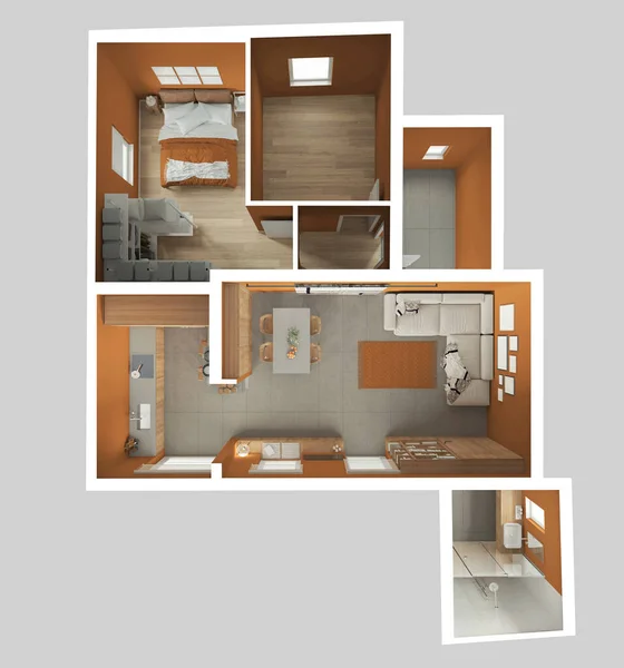 现代公寓的橙色 木制和米黄色色调 顶部视图 平面图 有餐厅的厨房 卧室和浴室 混凝土和墙板地板 室内设计 — 图库照片