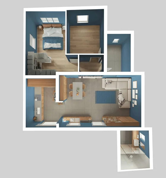 木製とベージュのトーンで現代的なアパート トップビュー リビングルーム ダイニングルーム ベッドルーム バスルーム付きのキッチン コンクリートと寄木細工の床 インテリアデザイン — ストック写真
