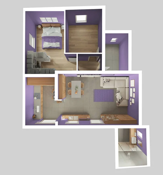 Modern Apartment Purple Wooden Beige Tones Top View Plan Living — Stock Photo, Image