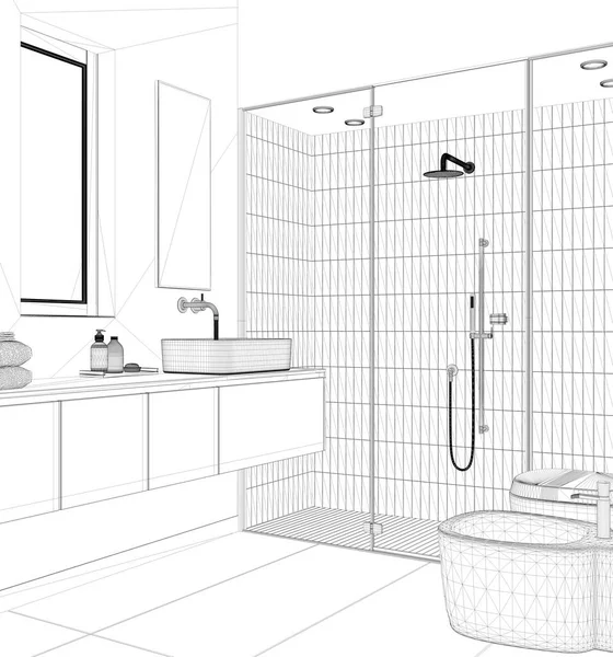 蓝图项目草案 现代浴室 混凝土瓷砖地板 大浴室与瓷砖和聚光灯 洗脸盆与镜子 陶瓷马桶和浴盆 最低限度室内设计 — 图库照片