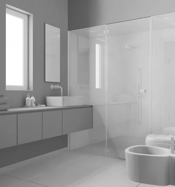 Rascunho Projeto Branco Total Banheiro Moderno Spa Piso Telhas Concreto — Fotografia de Stock