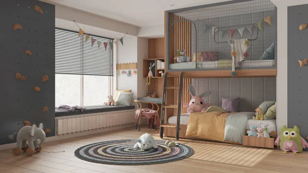 Gri pastel tonlu ranzalı, parke zeminli, jaluzili büyük pencereli masa, oyuncaklı halı, yastıklı ve yorganlı yataklar. İç tasarım