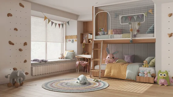 Quarto Infantil Moderno Com Beliche Tons Pastel Branco Piso Parquet — Fotografia de Stock