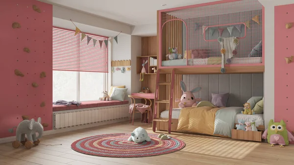 Quarto Infantil Moderno Com Beliche Tons Pastel Rosa Piso Parquet — Fotografia de Stock