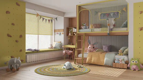 Quarto Infantil Moderno Com Beliche Tons Pastel Amarelo Piso Parquet — Fotografia de Stock