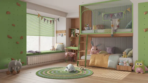 现代儿童卧房 床上铺着绿色的乳胶色调 有花束地板 有长椅和百叶窗的大窗户 有玩具的地毯 有枕头和羽绒被的床 室内设计 — 图库照片
